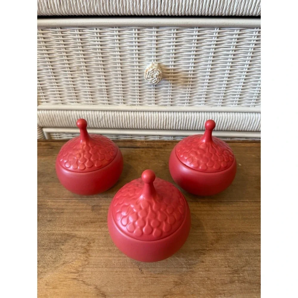 Set of 3 Matte Red Ceramic Lidded Teardrop Decorative Containers